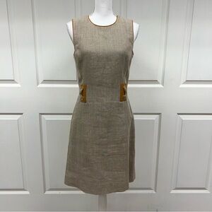 MICHAEL KORS Linen Sheath Dress Tan Natural Leather Trim Made in Italy Size 6